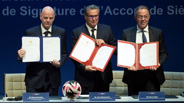 FIFA-Afrika-Boro, Foto: Gianni Infantino, Aziz Akhannouch, Fouzi Lekjaa